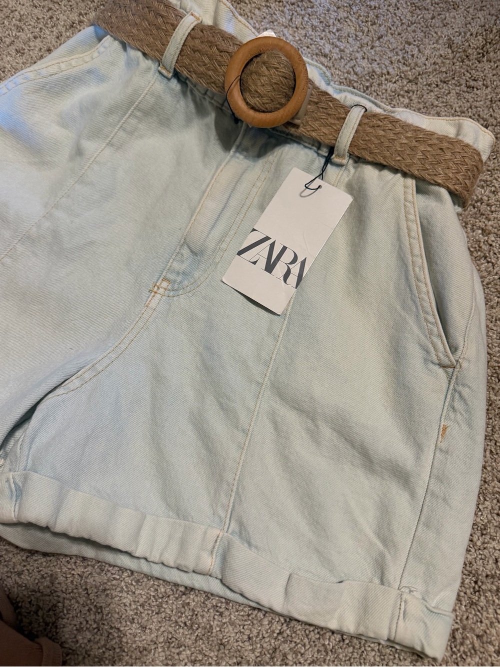 ZARA NWT Pale light Blue High-Waist Paperbag Denim Shorts with Woven Tan Belt - Picture 3 of 5